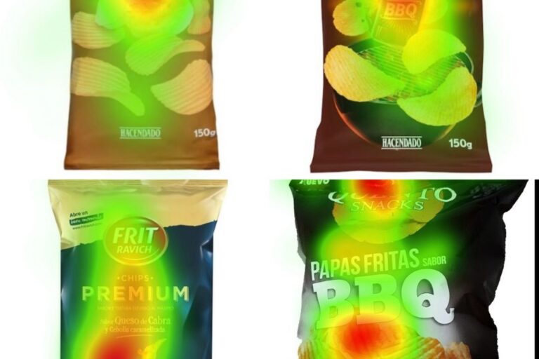 Heatmaps del análisis biométrico en cuatro diseños de packaging de patatas fritas mediante eye tracking