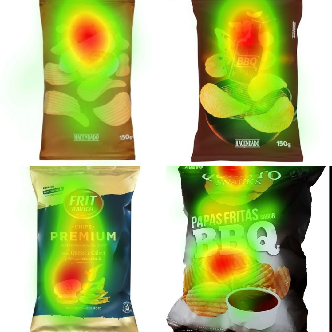 Heatmaps de packaging analizados con neuromarketing Heatmaps del análisis biométrico en cuatro diseños de packaging de patatas fritas mediante eye tracking